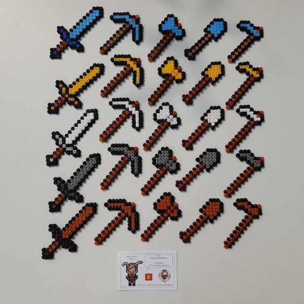 Minecraft - Outils : Épée, Pioche, Hache, Pelle, Houe ; Diamant, Or, Fer, Pierre, Bois (Perles Perler)