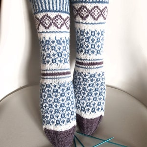 May include: A pair of knitted socks with a white, blue, and purple geometric pattern. The socks are displayed on a white surface with blue knitting needles.