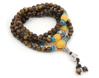 Semi-precious Stone Rosary Mala Round 6mm Tiger Eye With Buddha Head