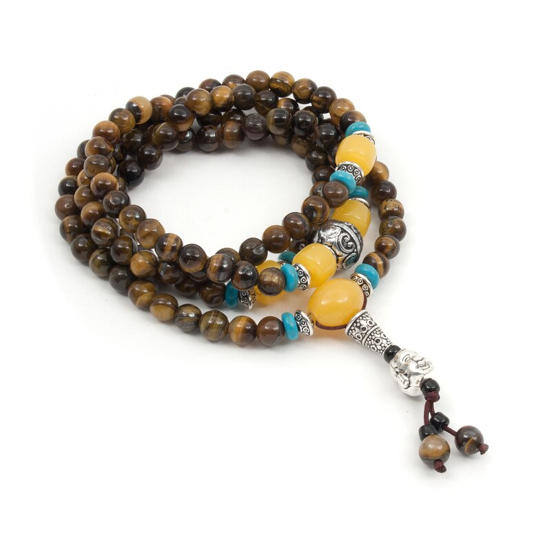 Semi-precious Stone Rosary Mala Round 6mm Tiger Eye With Buddha Head