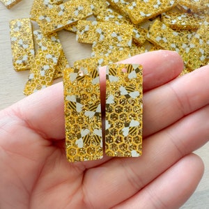 Bee Acrylic Earring Blanks Glitter Honeycomb and Bee Earring Blanks Gold Glitter Bee Print Acrylic Priced Per Pair, Priced Per Pair image 1