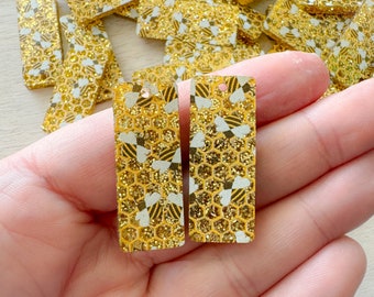 Bee Acrylic Earring Blanks - Glitter Honeycomb and Bee Earring Blanks - Gold Glitter Bee Print Acrylic - Priced Per Pair