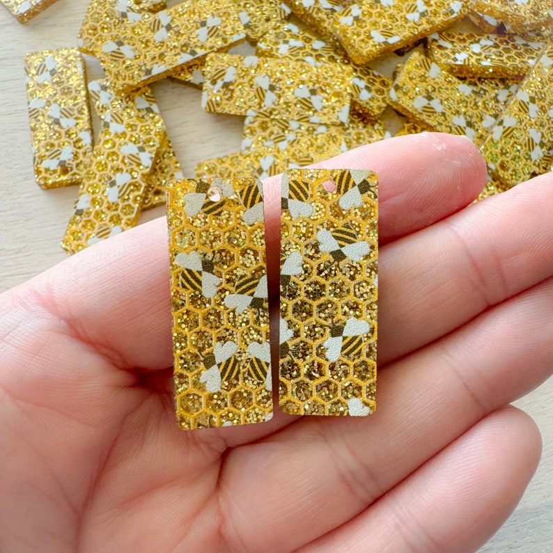 Bee Acrylic Earring Blanks Glitter Honeycomb and Bee Earring Blanks Gold Glitter Bee Print Acrylic Priced Per Pair, Priced Per Pair image 1