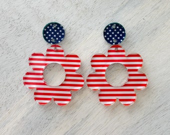Patriotic Flower, Acrylic Stars and Stripes Earring Blanks, Independence Day Earrings, July 4th, American Flag