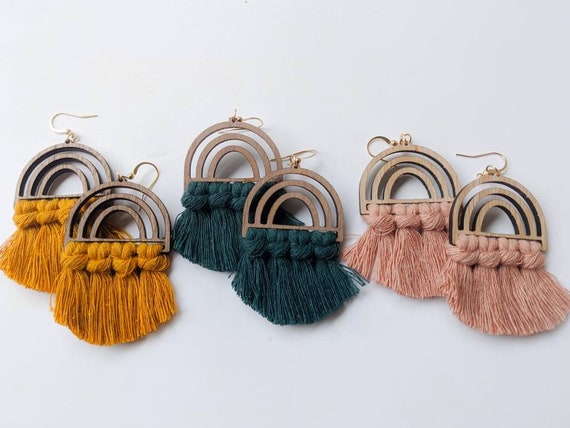 Two-Tone Wooden Macrame Rainbow Earrings I Boho Earrings
