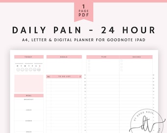 Daily Planner, Day on 1 Page, A4, Letter Size, Daily Agenda, Hourly Planner, Digital planer for goodnote IPAD