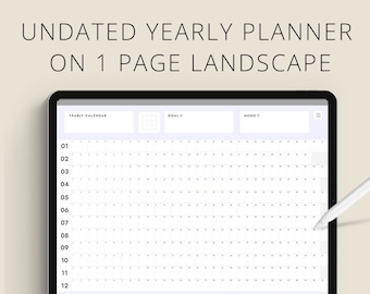 Yearly Planner on 1 Page Landscape for digital ipad Digital Planner GoodNote iPad Notability Planner Digital Planner Tablet Planner