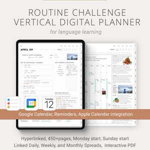 Può includere: Un pianificatore digitale per l'apprendimento delle lingue, visualizzato su un tablet e una pagina stampata. Il tablet mostra layout giornalieri e settimanali con sezioni per note e promemoria. Il testo include "Routine Challenge" e "Instant Download".