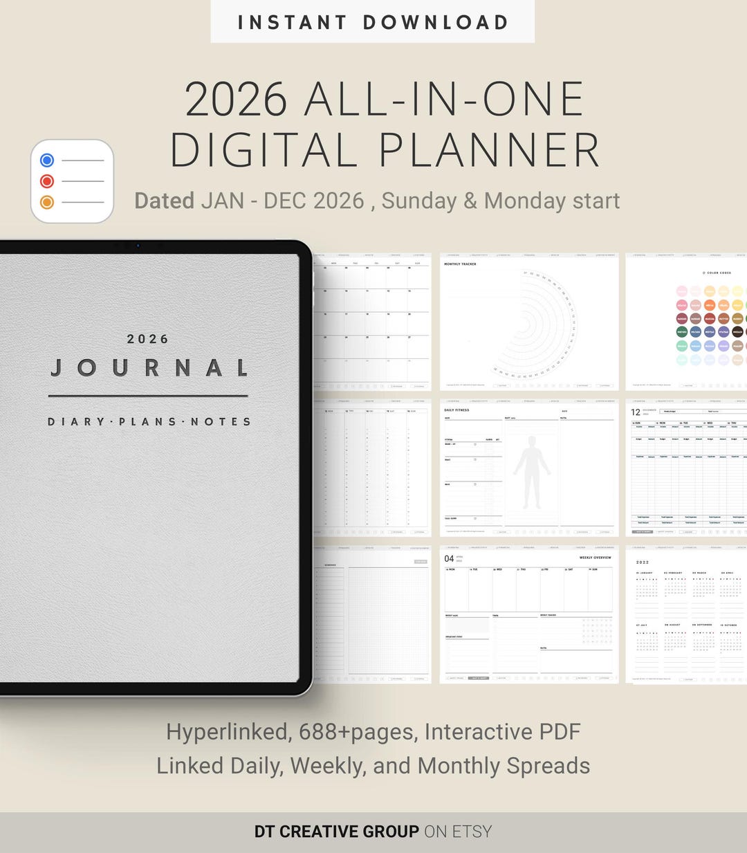 2026 All in One Digital Planner Light Gray Include Sticker Monday Start ...