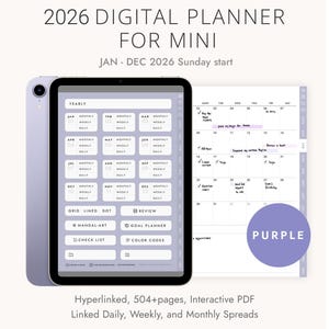 Puede incluir: Un planificador digital para 2026, diseñado para mini, con un tema morado. El planificador incluye vistas mensuales, semanales y diarias, comenzando el domingo. La imagen muestra una tableta con la interfaz del planificador y una vista de calendario.