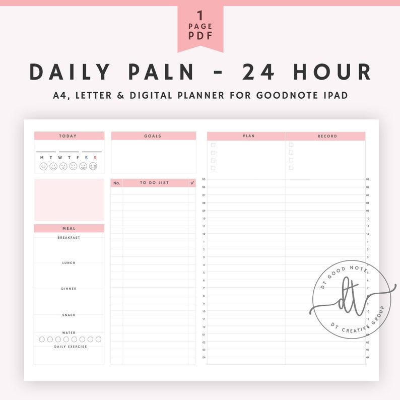 May include: Digital planner for Goodnote iPad with a pink and white design. The planner includes sections for daily planning, goals, to-do lists, and meal tracking. Text on the planner includes "Daily Plan - 24 Hour" and "A4, Letter & Digital Planner for Goodnote iPad."