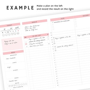 May include: A white planner page with pink accents. The page includes sections for goals, to-do lists, meal planning, and daily exercise. Text includes "EXAMPLE", "TODAY", and "Make a plan on the left and record the result on the right."