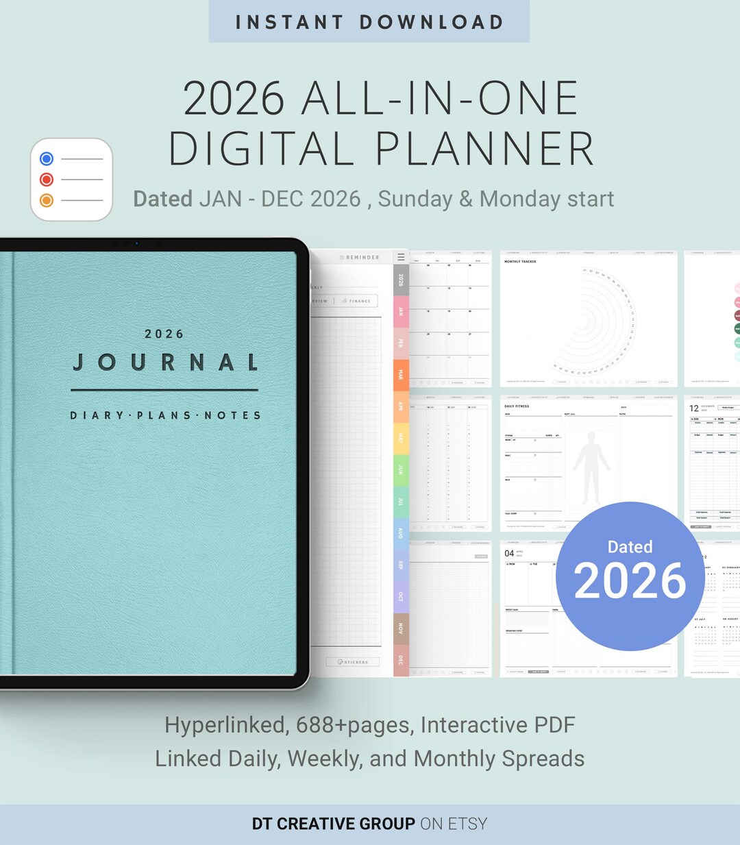 2026 All in One Digital Planner Pastel Colors Include Sticker Monday ...