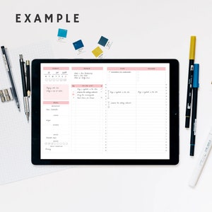 May include: A digital tablet displaying a daily planner with pink accents. The planner includes sections for goals, to-do lists, meal planning, and a record section. The word "EXAMPLE" is at the top.