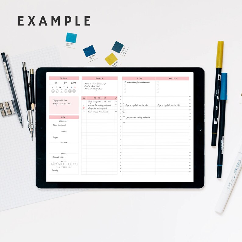 May include: A digital tablet displaying a daily planner with pink accents. The planner includes sections for goals, to-do lists, meal planning, and a record section. The word "EXAMPLE" is at the top.