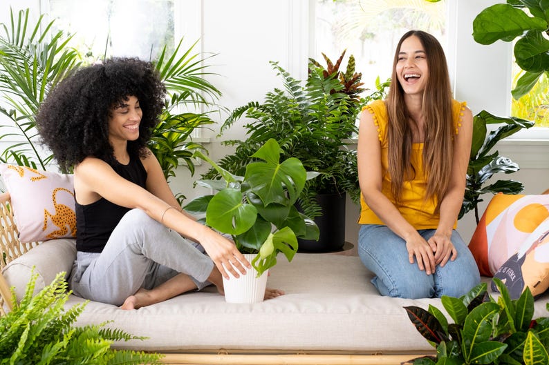 May include: Two people sitting on a white couch with a green plant in a white pot. The woman on the left is wearing a black tank top and grey pants. The woman on the right is wearing a yellow tank top and blue jeans. Both women are smiling.