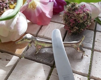 Rarely beautiful KNIFE REST - DACKEL - pewter in silver. Table decoration for Easter - Knife bench / knife benches