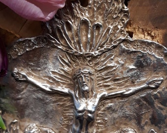 KUNSTCITY - Selten schönes; großes HERZ- JESUS - Zinn im Silber - Votiv - Ex-Voto- Votivgabe