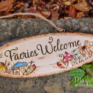 Faeries Welcome Wooden Sign, Fairy Garden Pyrography Decor
