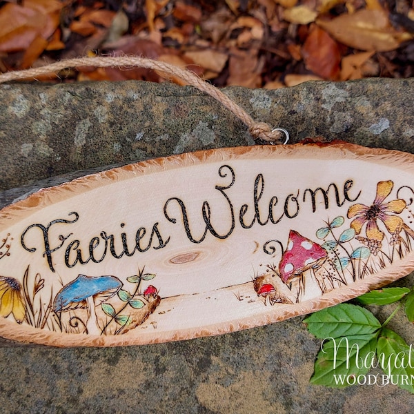 Faeries Welcome Wooden Sign, Fairy Garden Pyrography Decor,  Faeries and Flowers Wood Burning and Watercolour Original Artwork