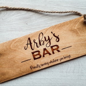 Personalised Rustic Bar Sign, Wooden Beer Garden Sign, Woodburned Garden Party Sign, Pyrography Fathers Day Gift, Shed Decor
