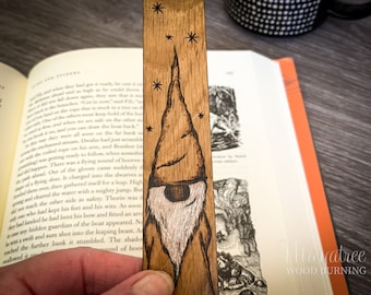 Tomte Wooden Bookmark, Wood Burned Christmas Gnome Illustration on Oak, Pyrography Gift