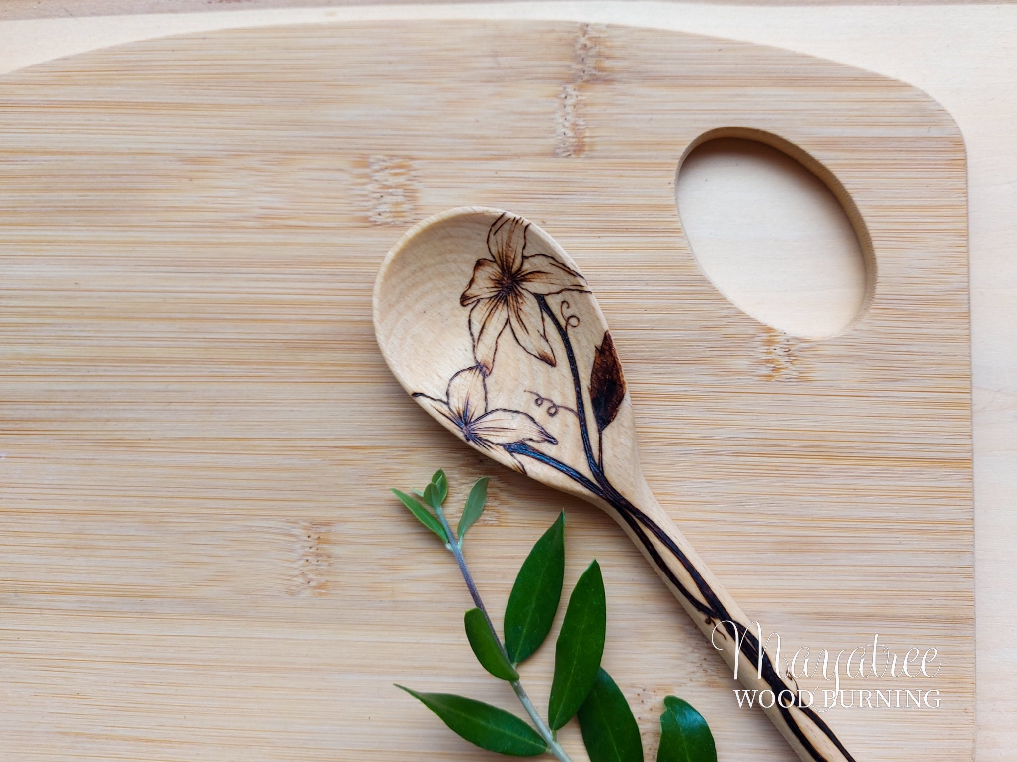 Clematis Flower Handburned Wooden Spoon, Pyrography Utensil