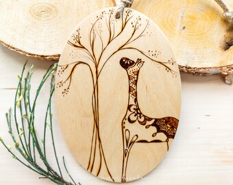 Original Giraffe and Tree Pyrography Wall Hanging,  Abstract Mandala Wood Burning, Oval Wall Art