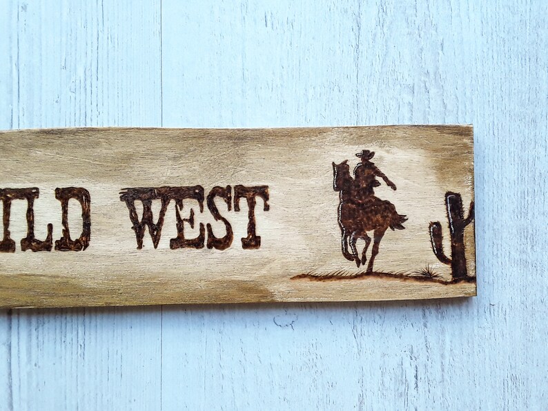 Wild West Destination Sign, Travel Lovers Gift, Personalised Holiday Memory Keepsake, Woodburned Wall Hanging or Shelf Sitter Decor image 3