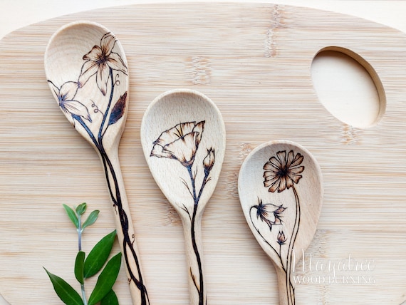 Set of 3 Floral Design Wooden Spoons Pyrography Kitchen - Etsy UK