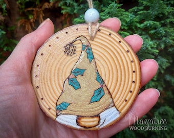 Tomte Rustic Christmas Decoration,  Wooden Hand Painted Decor, Pyrography and Woodburning, Plastic Free Christmas