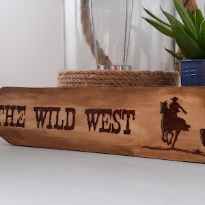 Wild West Destination Sign, Travel Lovers Gift, Personalised Holiday Memory Keepsake, Woodburned Wall Hanging or Shelf Sitter Decor image 1