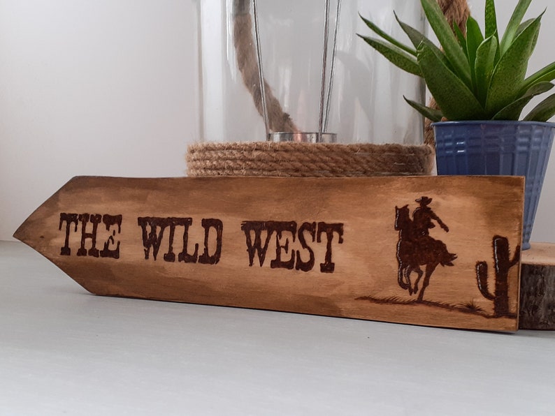 Wild West Destination Sign, Travel Lovers Gift, Personalised Holiday Memory Keepsake, Woodburned Wall Hanging or Shelf Sitter Decor image 1