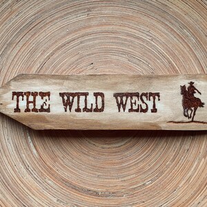 Wild West Destination Sign, Travel Lovers Gift, Personalised Holiday Memory Keepsake, Woodburned Wall Hanging or Shelf Sitter Decor image 2