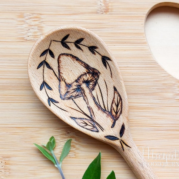 Mushroom and Leaves Wooden Spoon,  Pyrography Cottagecore Decor,  Handburned Kitchen Witches Gift