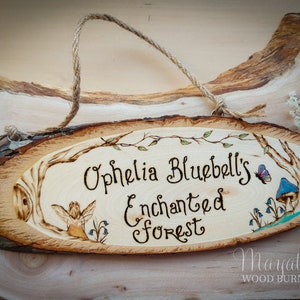 Personalised Enchanted Forest Wood Slice,  Pyrography Fairy-tale Birthday Party, Woodburned Fairy and Butterfly decoration