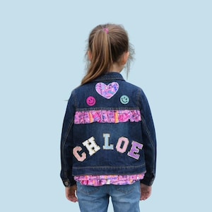 Chenille Letter Patch Jean Jacket, Size 6 Girl Clothing, Gift for Tween Girl, Birthday Gift for Granddaughter, Custom Decorated Jacket