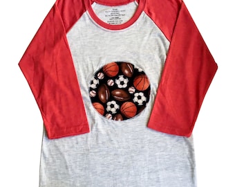 Youth Raglan Sports Balls Shirt Boy, Size 6-8 Red and Gray Top, All Sports Applique Patched Tee, Birthday Gift for Grandson, Sports Fan Gift