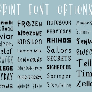 K&ouml;nnte beinhalten: Ein blauer Hintergrund mit dem wei&szlig;en Titel "PRINT FONT OPTIONS" und einer Liste von 24 verschiedenen Schriftarten in schwarzem Text.