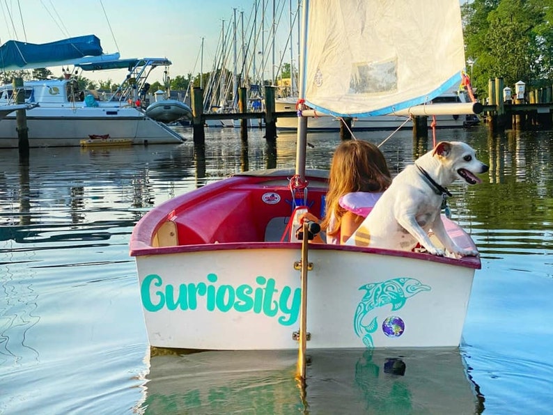 May include: A white sailboat with a red hull and the word "Curiosity" written on the side. A girl and a white dog are sitting in the boat. The boat is in the water with other boats in the background.