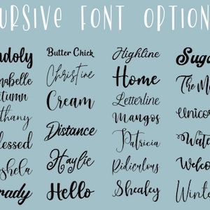 May include: A blue background with a white heading "CURSIVE FONT OPTIONS" and a list of cursive fonts in black text. The fonts are arranged in four columns.