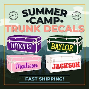 Calcomanía para baúl de campamento de verano, Pegatinas de campamento, Calcomanías personalizadas para campamento, Nombre de baúl de campamento, Monograma de baúl de campamento para niños, Calcomanías para niños de baúl de campamento para niñas