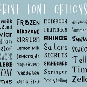 May include: A blue background with a white title "PRINT FONT OPTIONS" and a list of 24 different fonts in black text.