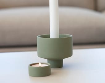 Candle holder combination, candlestick, tea light holder, ceramic, 2 parts, green