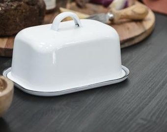 Butter dish, enamel butter dish, butter storage, white, 2 parts