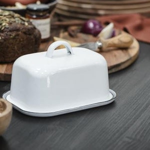 Butter dish, enamel butter dish, butter storage, white, 2 parts