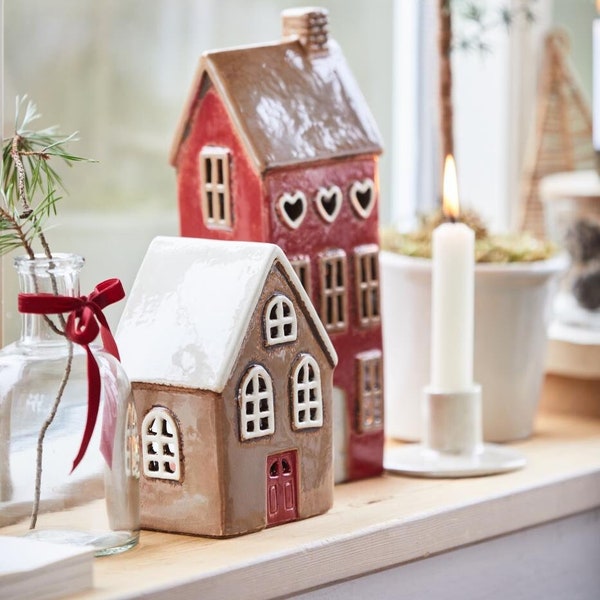 Candle house brown, with red door, ceramic, glazed