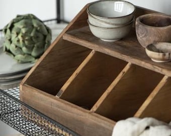 Vintage cutlery box, wooden box, 5 compartments plus shelf, wooden box, cutlery storage