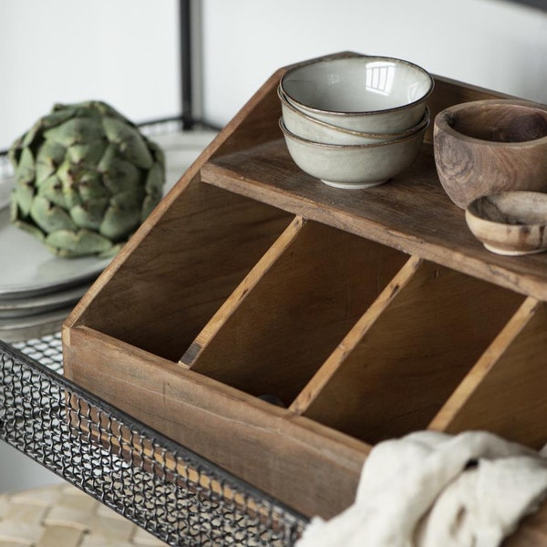 Cutlery box, cutlery tray, storage box made of recycled wood, vintage box, office shelf made of wood