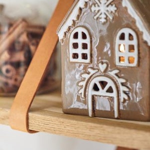 Candle house brown, gingerbread house look, with snow crystal, ceramic, glazed
